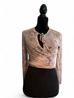 Delicate Pink Floral Wrap Crop Top with Tie Neck